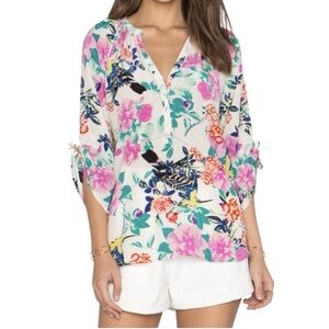 YUMI KIM 100% Silk Floral Bird Blouse 3/4 Sleeves Vibrant Top Cream Medium